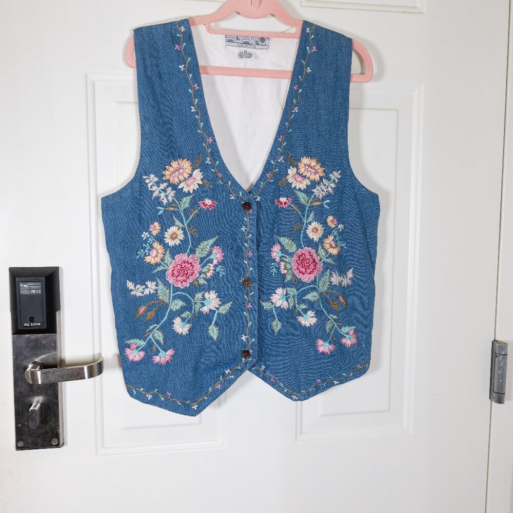 Vintage Agapo Denim Vest in Medium Wash with embroidery - Size Medium